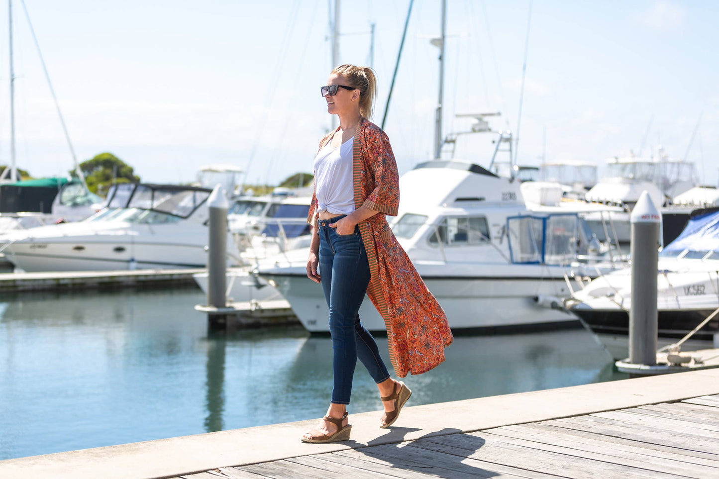 Linen Connections - Cotton Kimono Robe - Orange Floral