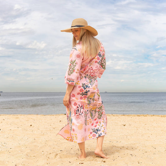 Linen Connections - Cotton Kimono Robe - Floral Block Print