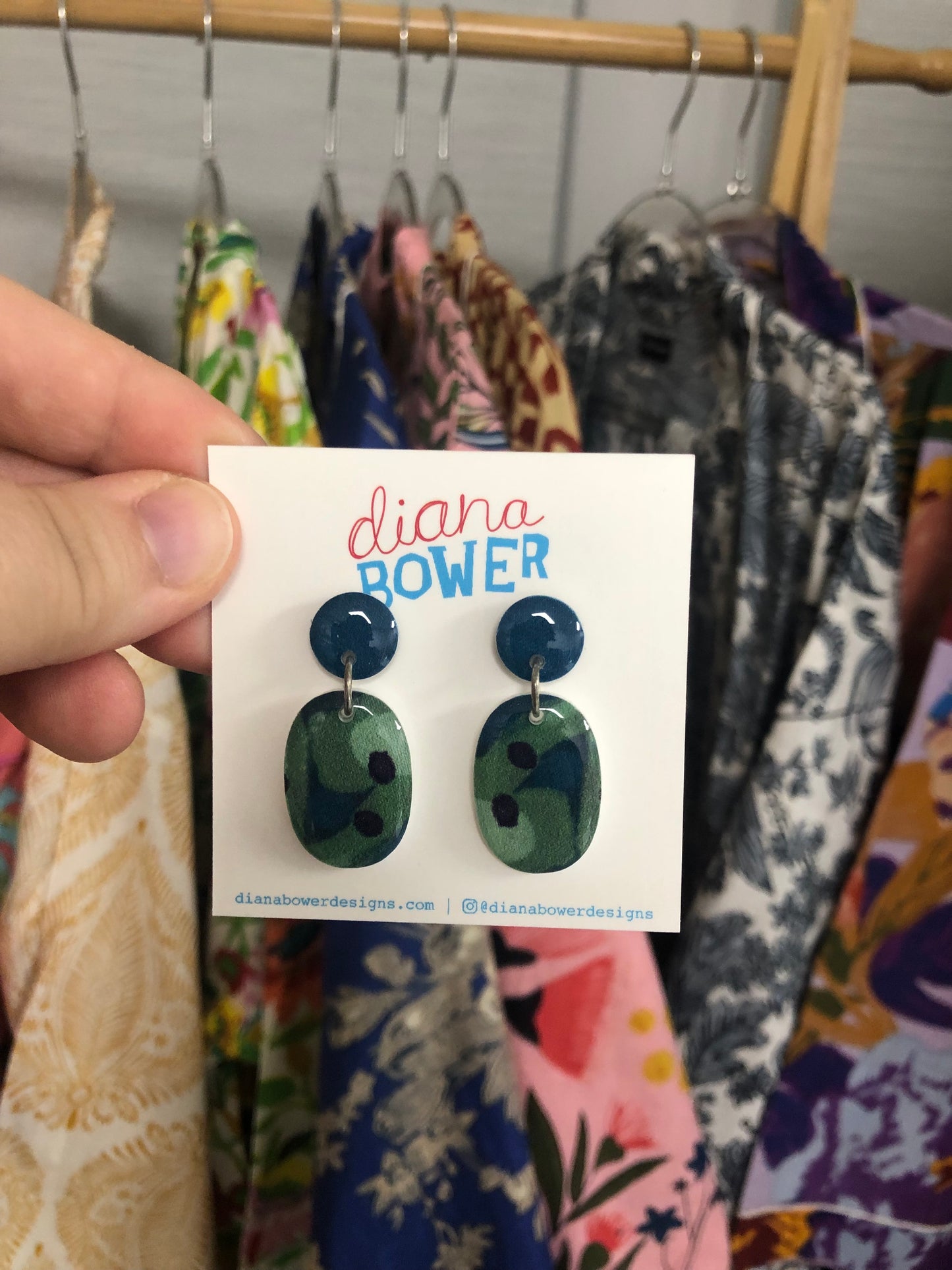 Diana Bower Designs - Earrings - Small Drops - Green and Blue Abstract