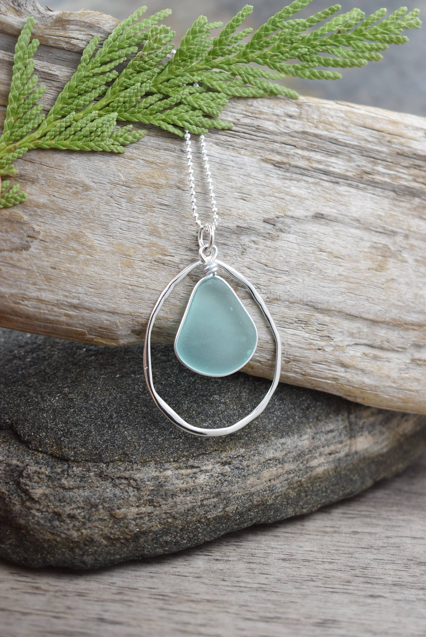 Whitelotus Design - Necklace - Silver Frame Sea Glass Pendant in Sea Foam