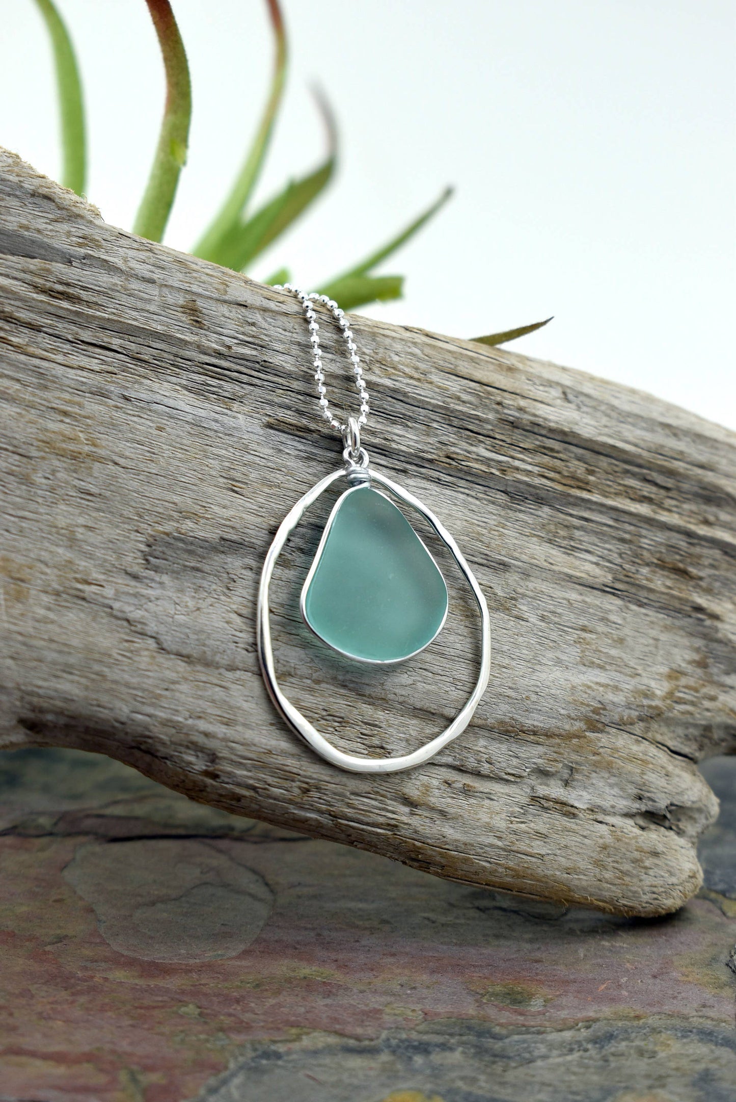 Whitelotus Design - Necklace - Silver Frame Sea Glass Pendant in Sea Foam