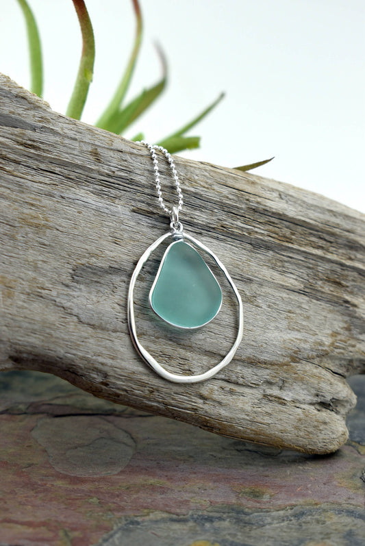 Whitelotus Design - Necklace - Silver Frame Sea Glass Pendant in Sea Foam