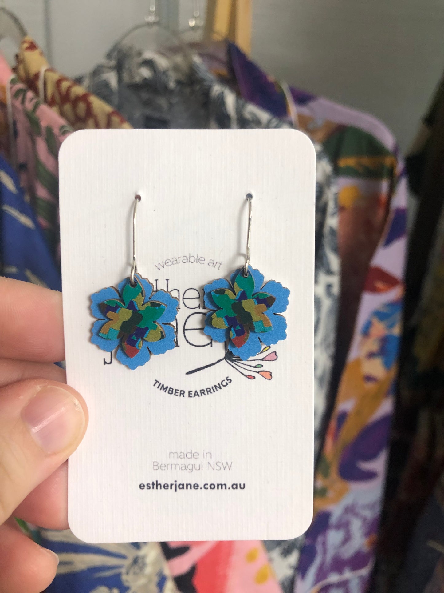 Esther Jane - Small Dangle Timber Earrings - Blue Flowers