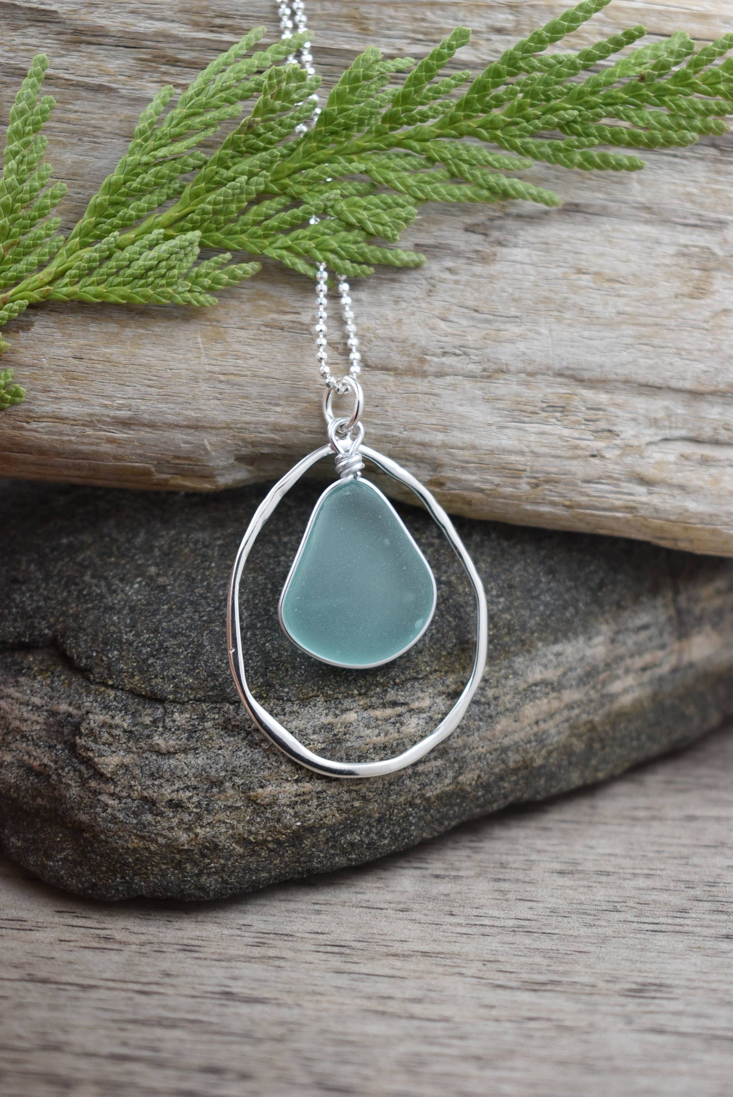 Whitelotus Design - Necklace - Silver Frame Sea Glass Pendant in Sea Foam
