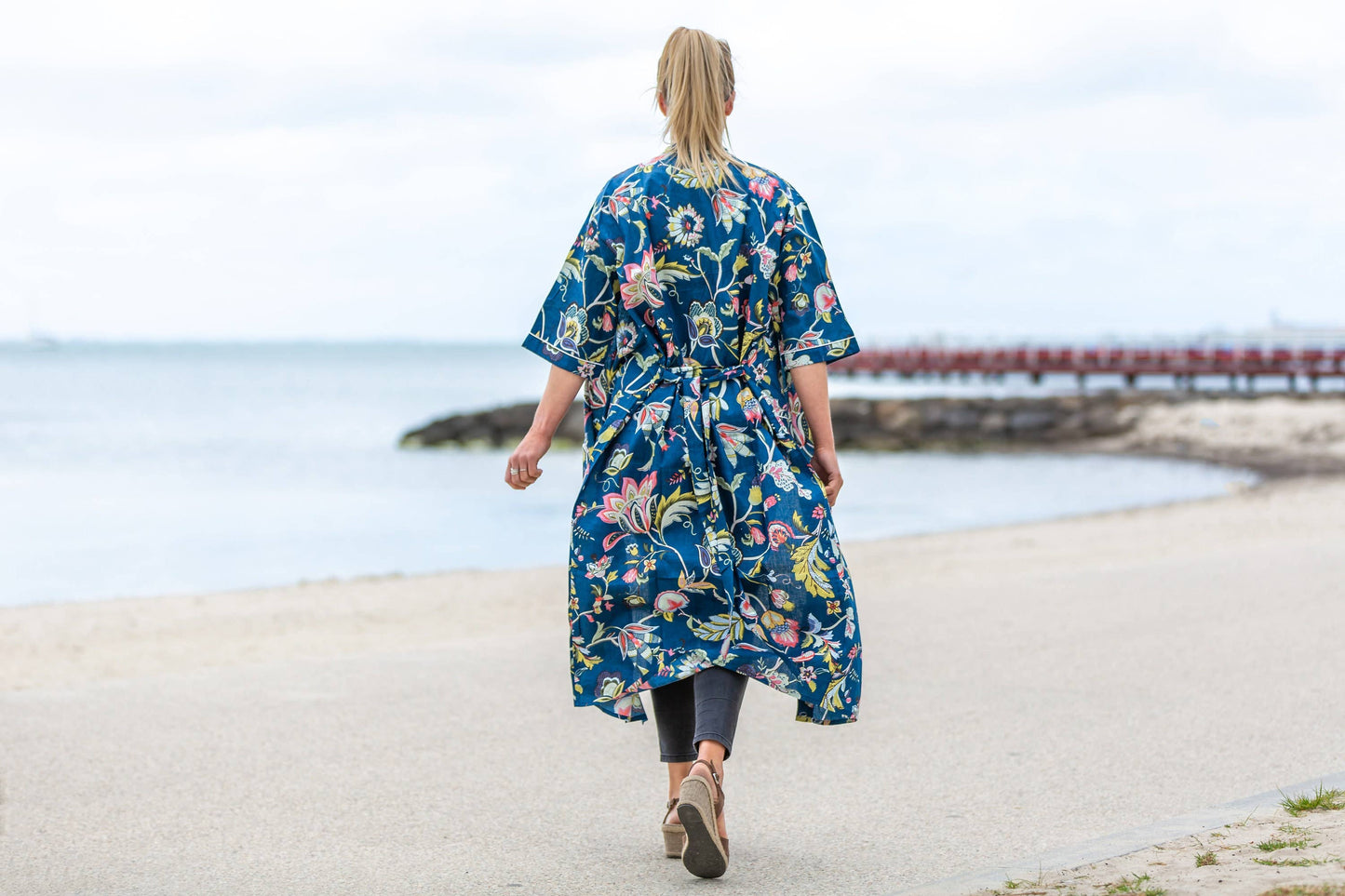 Linen Connections - Cotton Kimono Robe - Dark Blue Floral