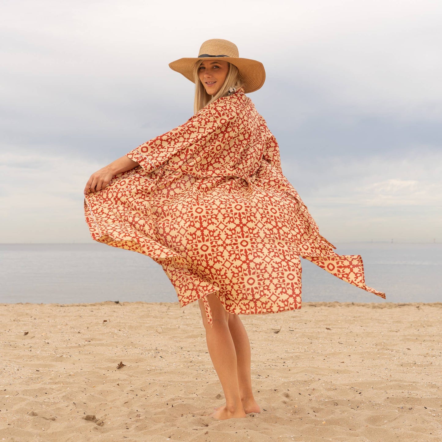 Linen Connections - Cotton Kimono Robe - Geometric Block Print
