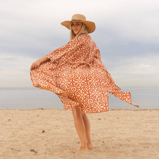 Linen Connections - Cotton Kimono Robe - Geometric Block Print