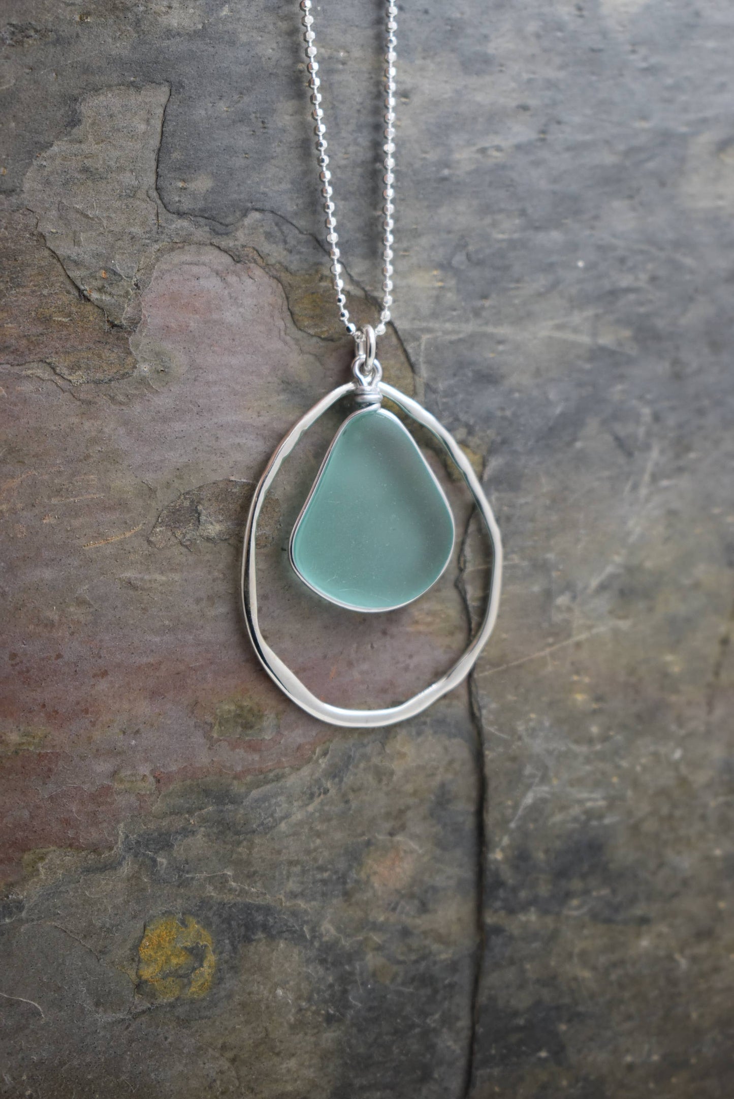 Whitelotus Design - Necklace - Silver Frame Sea Glass Pendant in Sea Foam