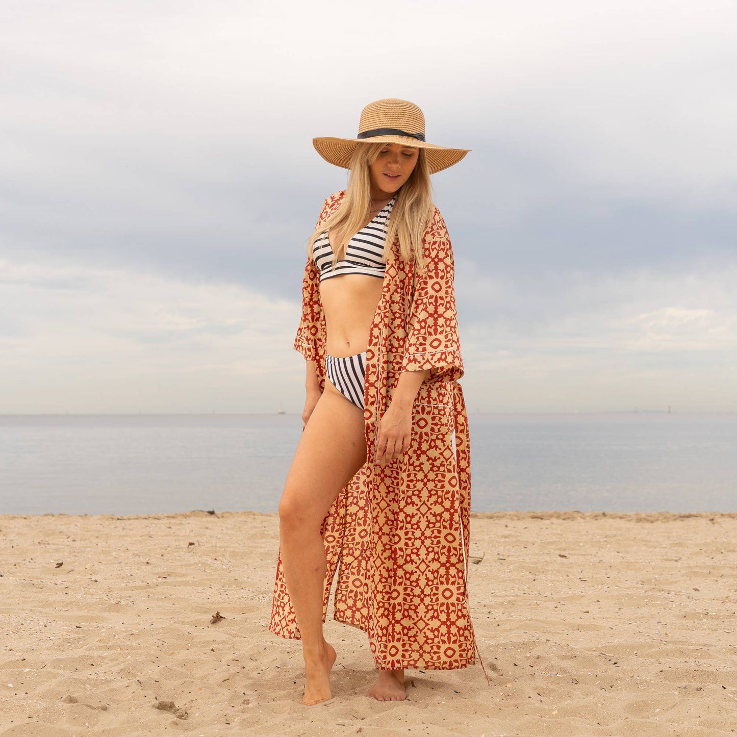 Linen Connections - Cotton Kimono Robe - Geometric Block Print