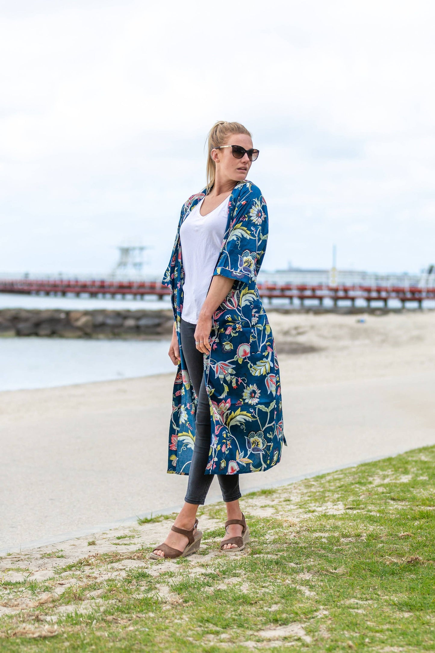 Linen Connections - Cotton Kimono Robe - Dark Blue Floral