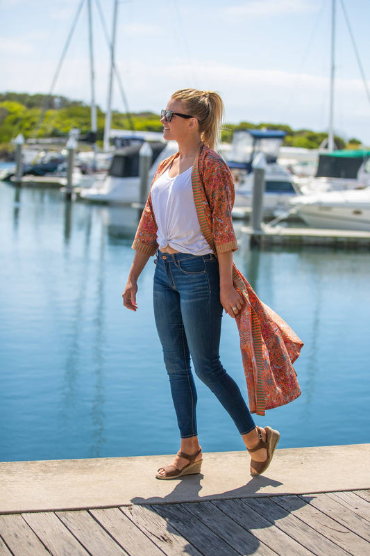 Linen Connections - Cotton Kimono Robe - Orange Floral
