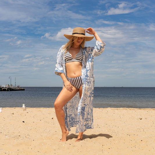 Linen Connections - Cotton Kimono Robe - Tropical Blues