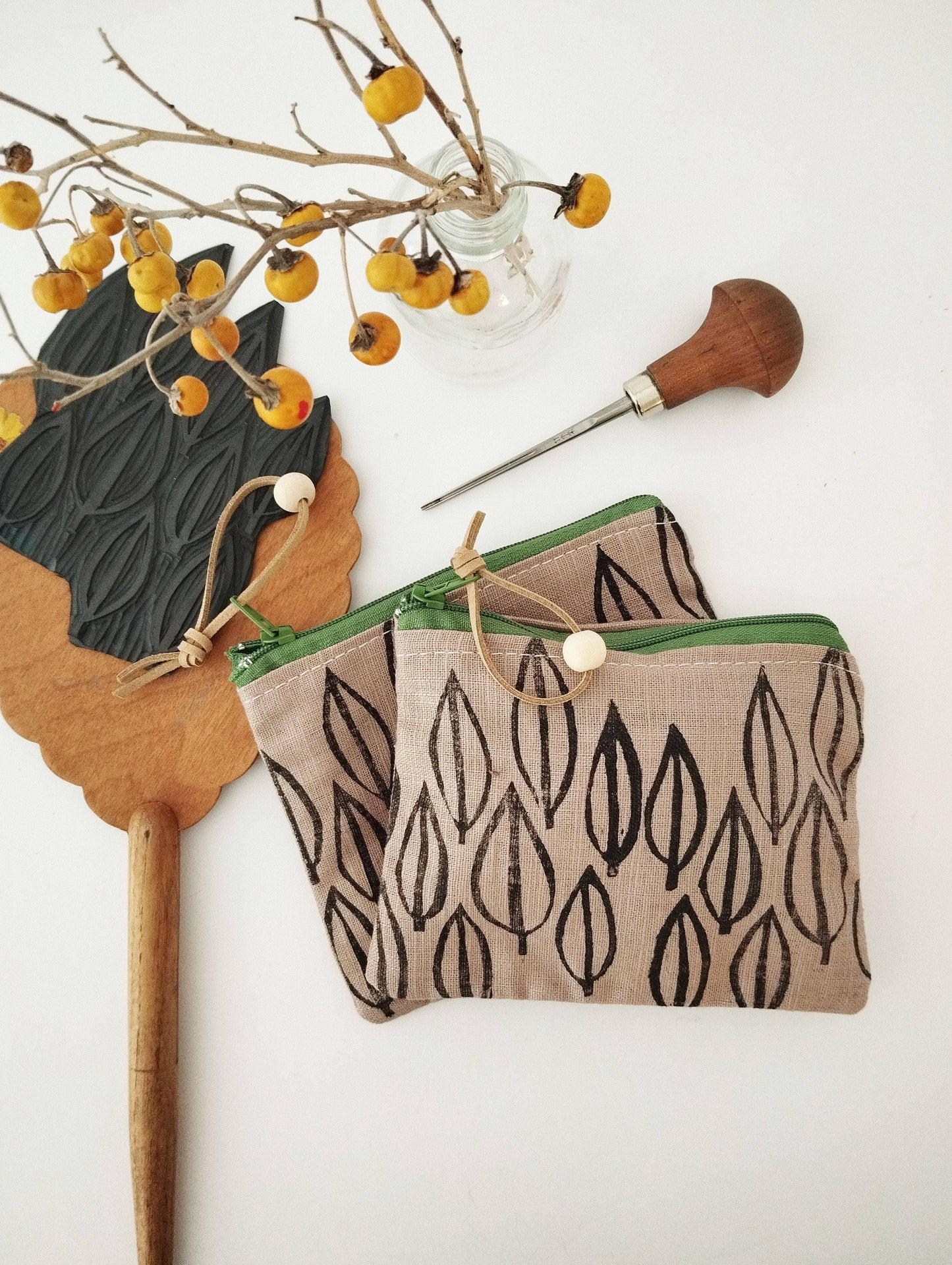 PRE-ORDER AVAILABLE - The Ink Job - Linen Pouch with Zipper - Leaf Print