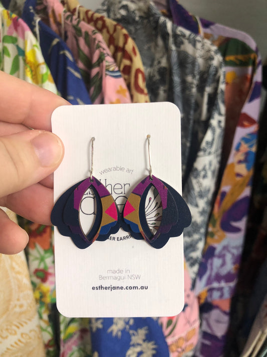Esther Jane - Medium Dangle Timber Earrings - Navy & Purple Multicolour