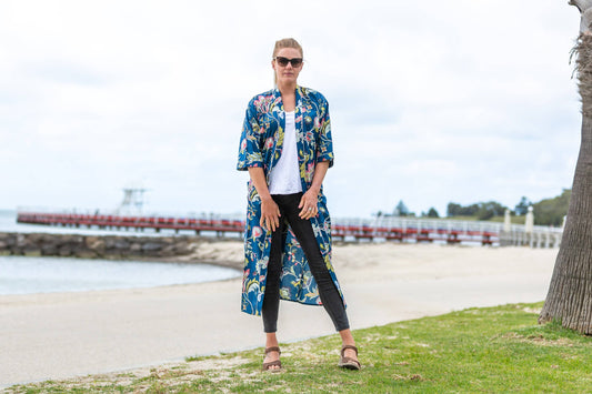 Linen Connections - Cotton Kimono Robe - Dark Blue Floral
