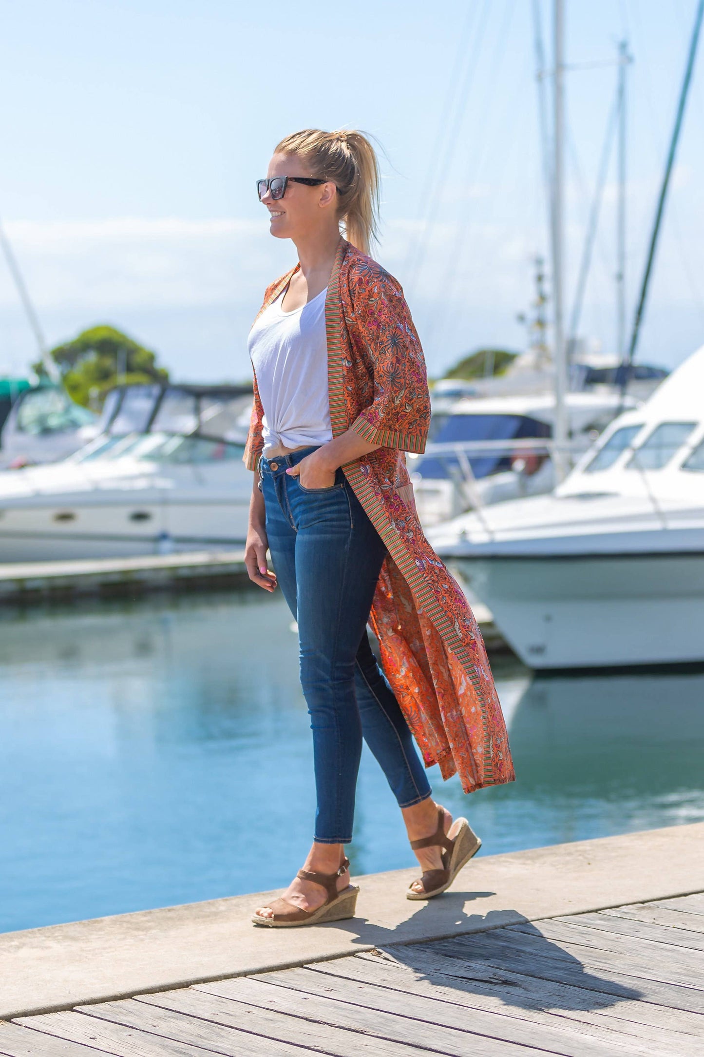 Linen Connections - Cotton Kimono Robe - Orange Floral