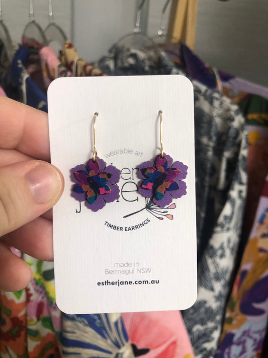 Esther Jane - Small Dangle Timber Earrings - Purple Flowers