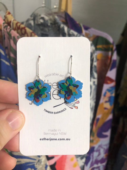 Esther Jane - Small Dangle Timber Earrings - Blue Flowers