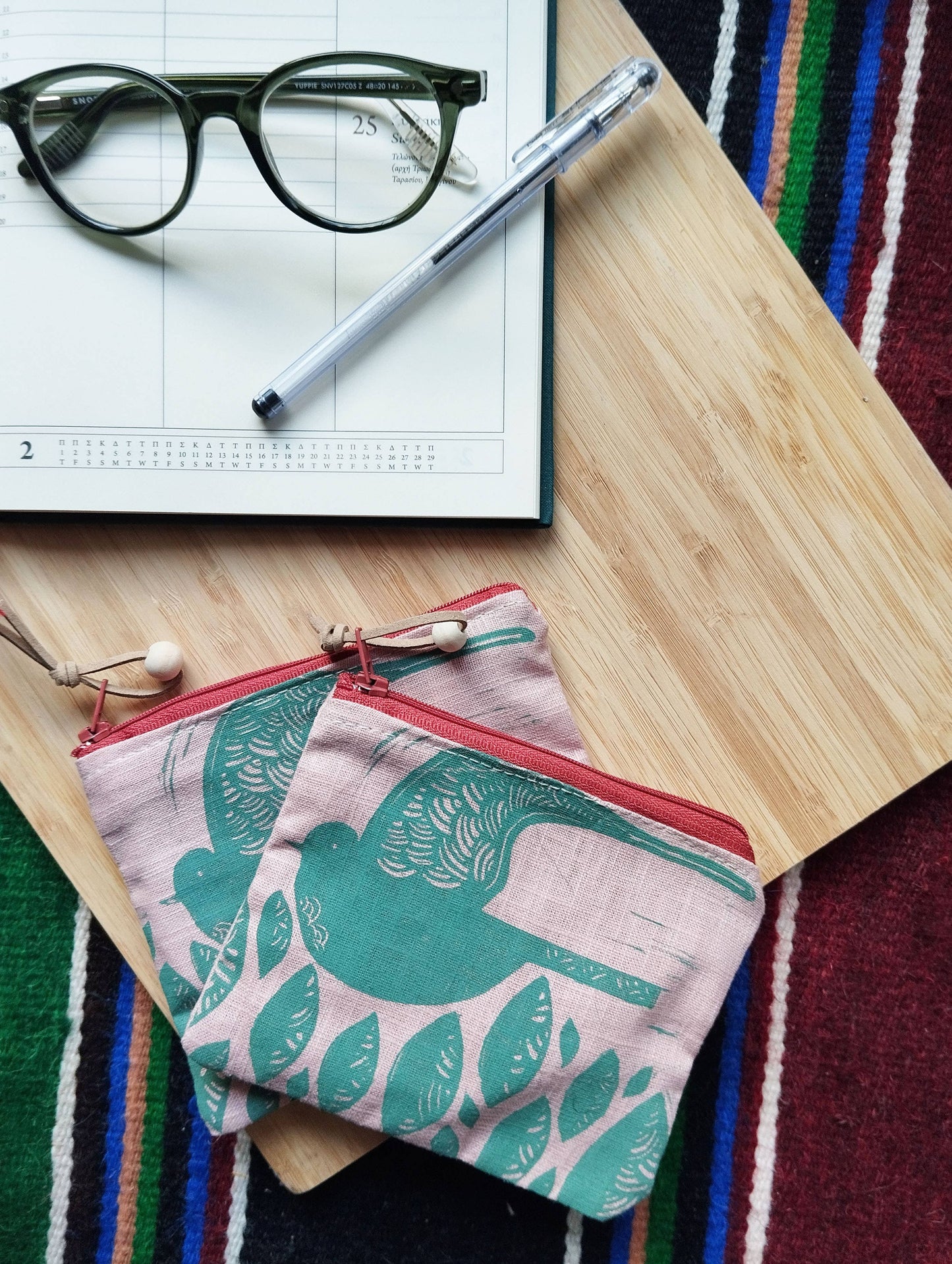 PRE-ORDER AVAILABLE - The Ink Job - Linen Pouch with Zipper - Folk Bird Print