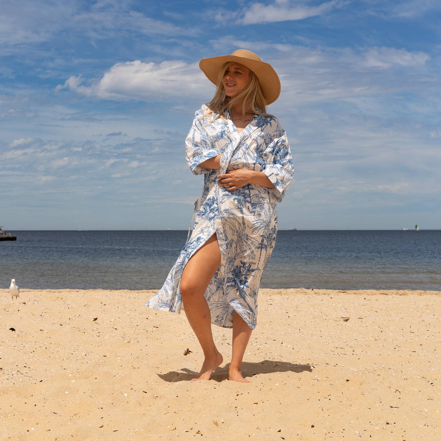 Linen Connections - Cotton Kimono Robe - Tropical Blues
