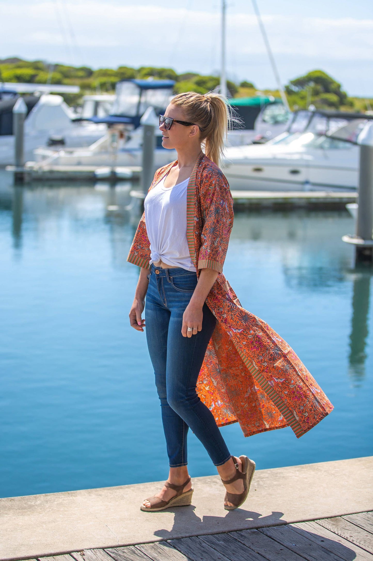 Linen Connections - Cotton Kimono Robe - Orange Floral