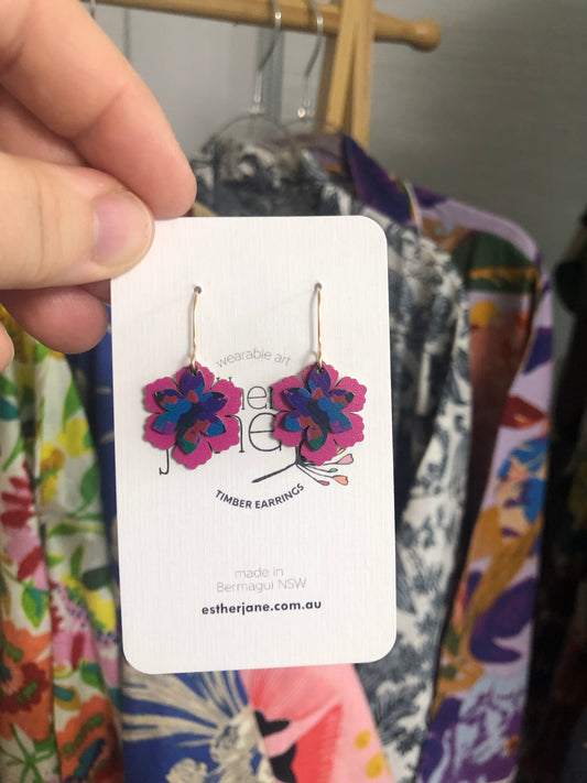 Esther Jane - Small Dangle Timber Earrings - Pink Flowers