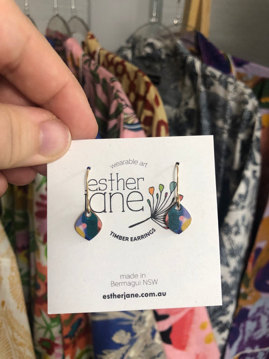 Esther Jane - Tiny Drop Timber Earrings - Teal Multi Colour