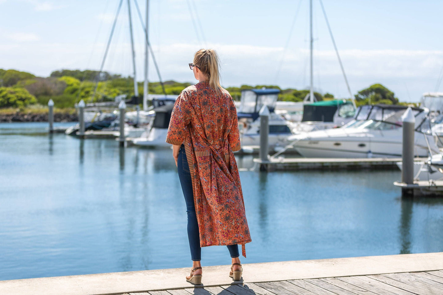 Linen Connections - Cotton Kimono Robe - Orange Floral