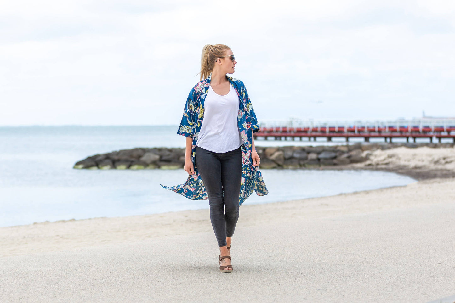 Linen Connections - Cotton Kimono Robe - Dark Blue Floral
