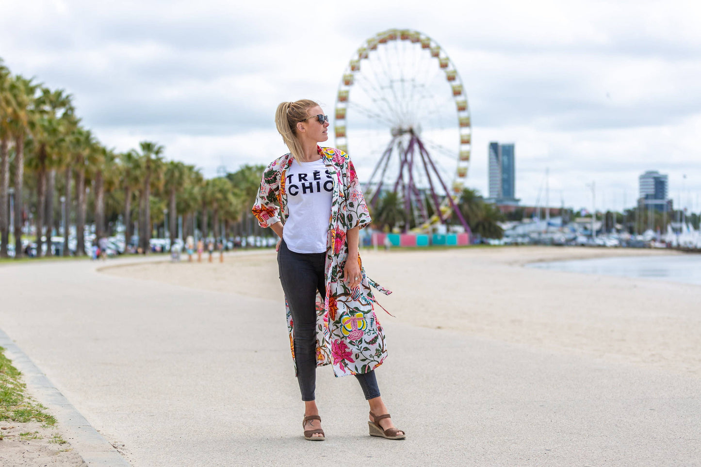 Linen Connections - Cotton Kimono Robe - Cool Floral
