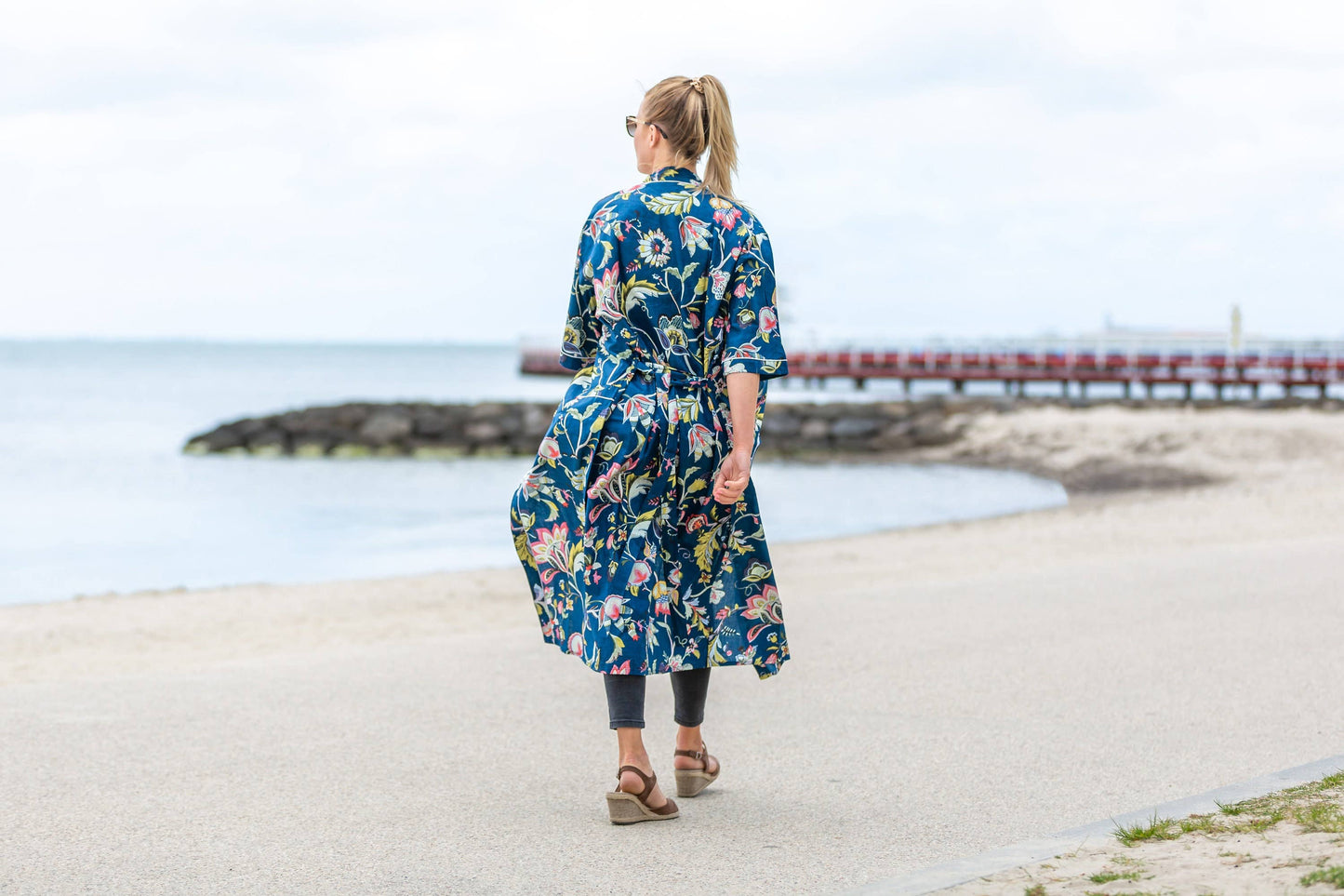 Linen Connections - Cotton Kimono Robe - Dark Blue Floral