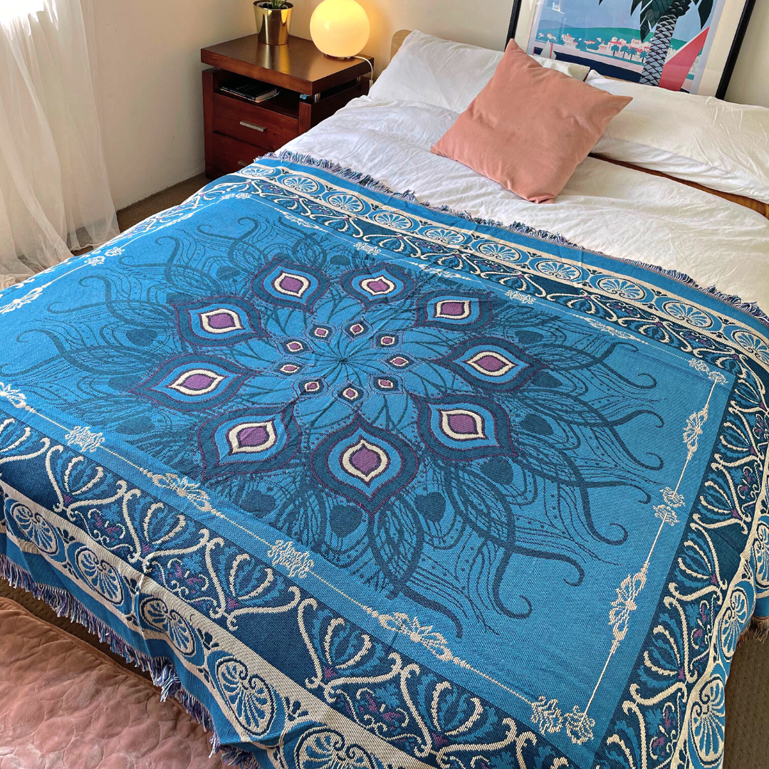 Wobble Yoga - Throw Blanket - Peacock Feather Floral