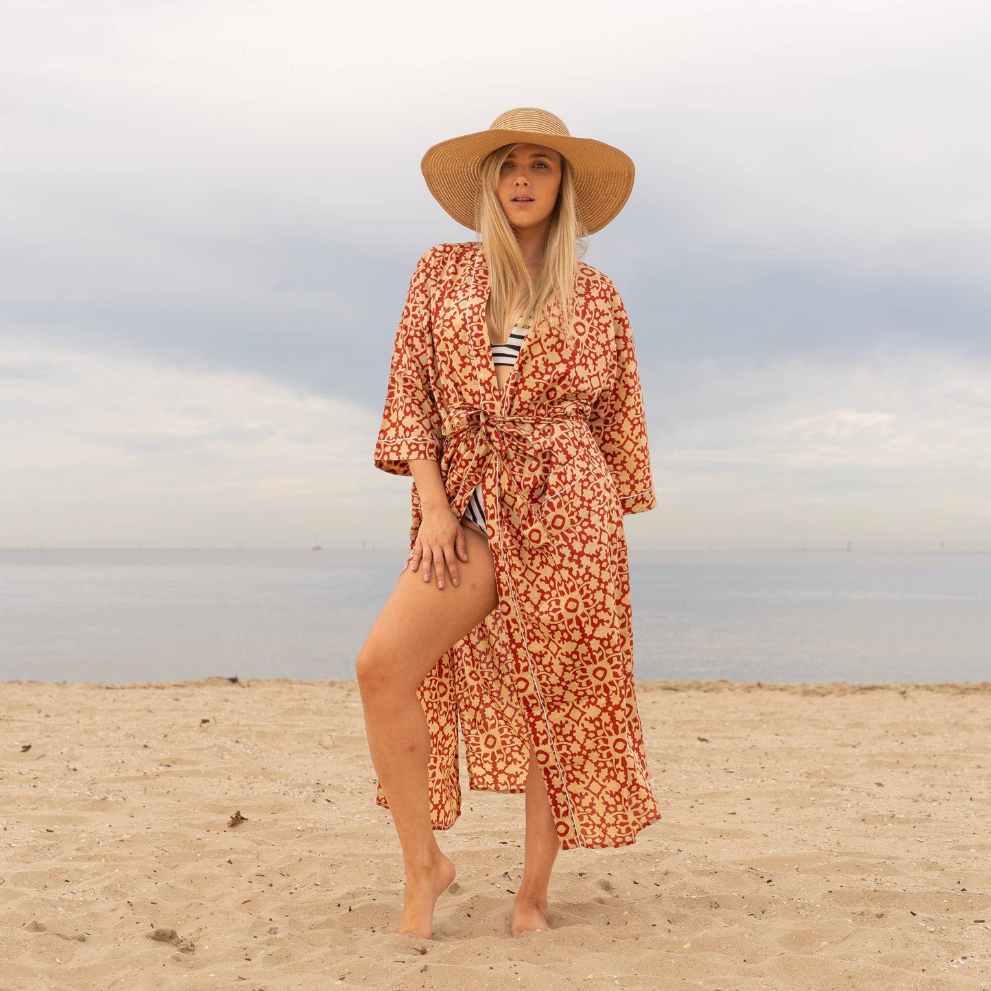Linen Connections - Cotton Kimono Robe - Geometric Block Print
