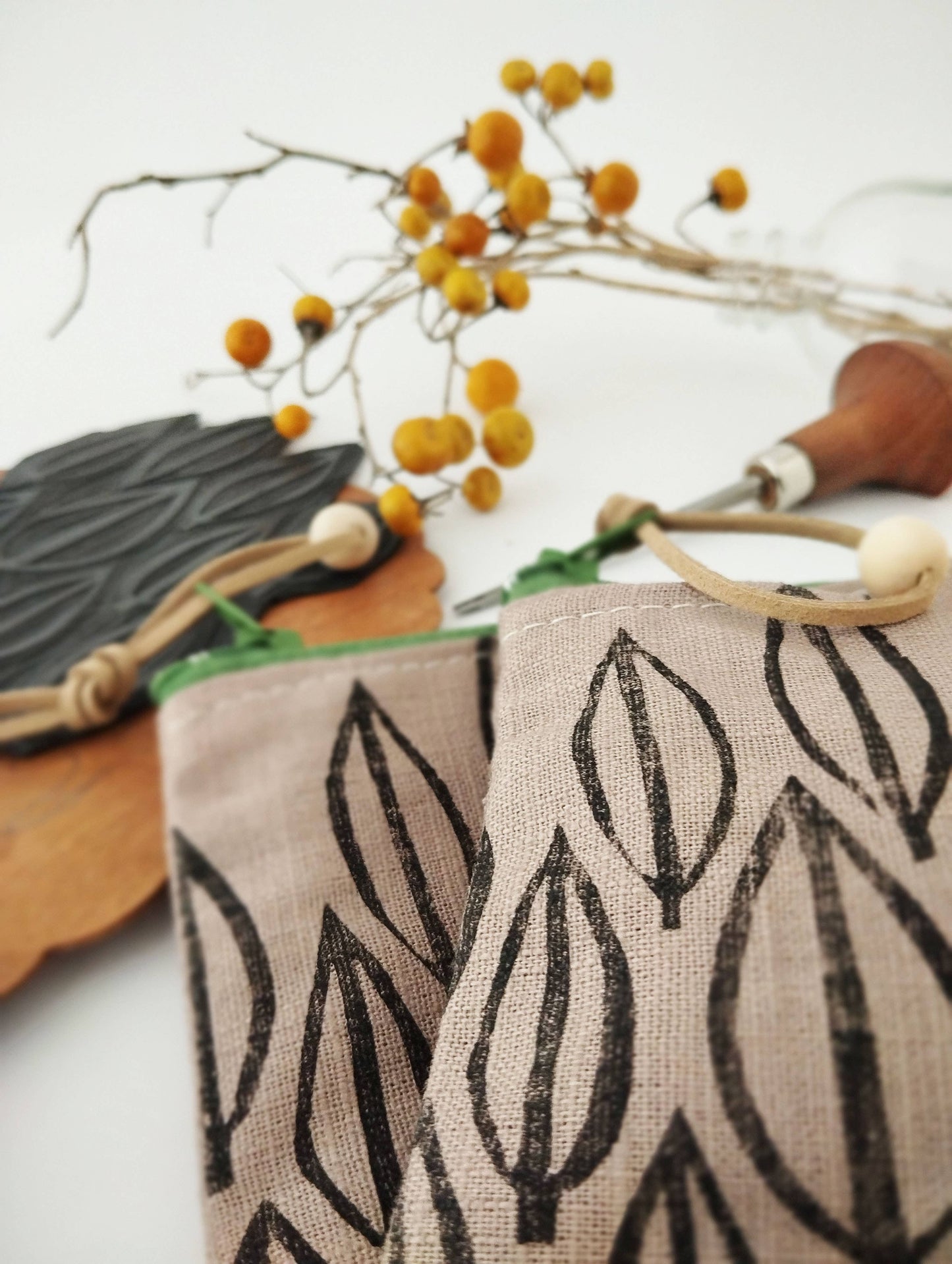 PRE-ORDER AVAILABLE - The Ink Job - Linen Pouch with Zipper - Leaf Print