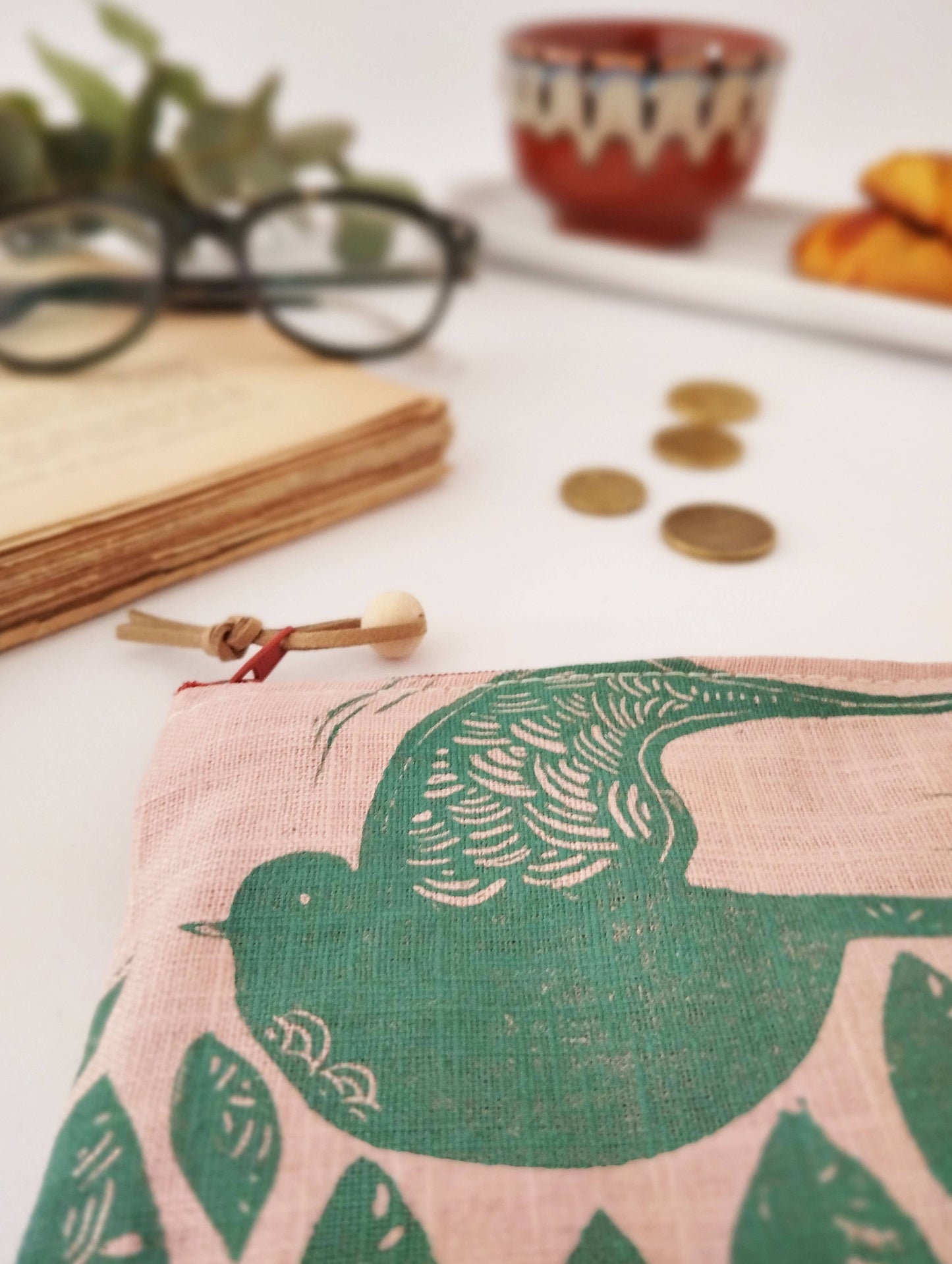PRE-ORDER AVAILABLE - The Ink Job - Linen Pouch with Zipper - Folk Bird Print