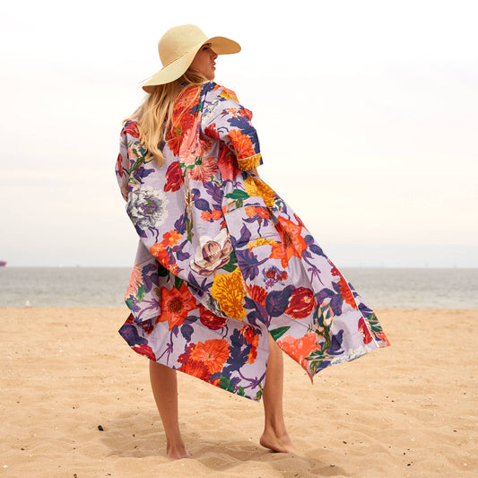 Linen Connections - Cotton Kimono Robe - Purple Floral Print