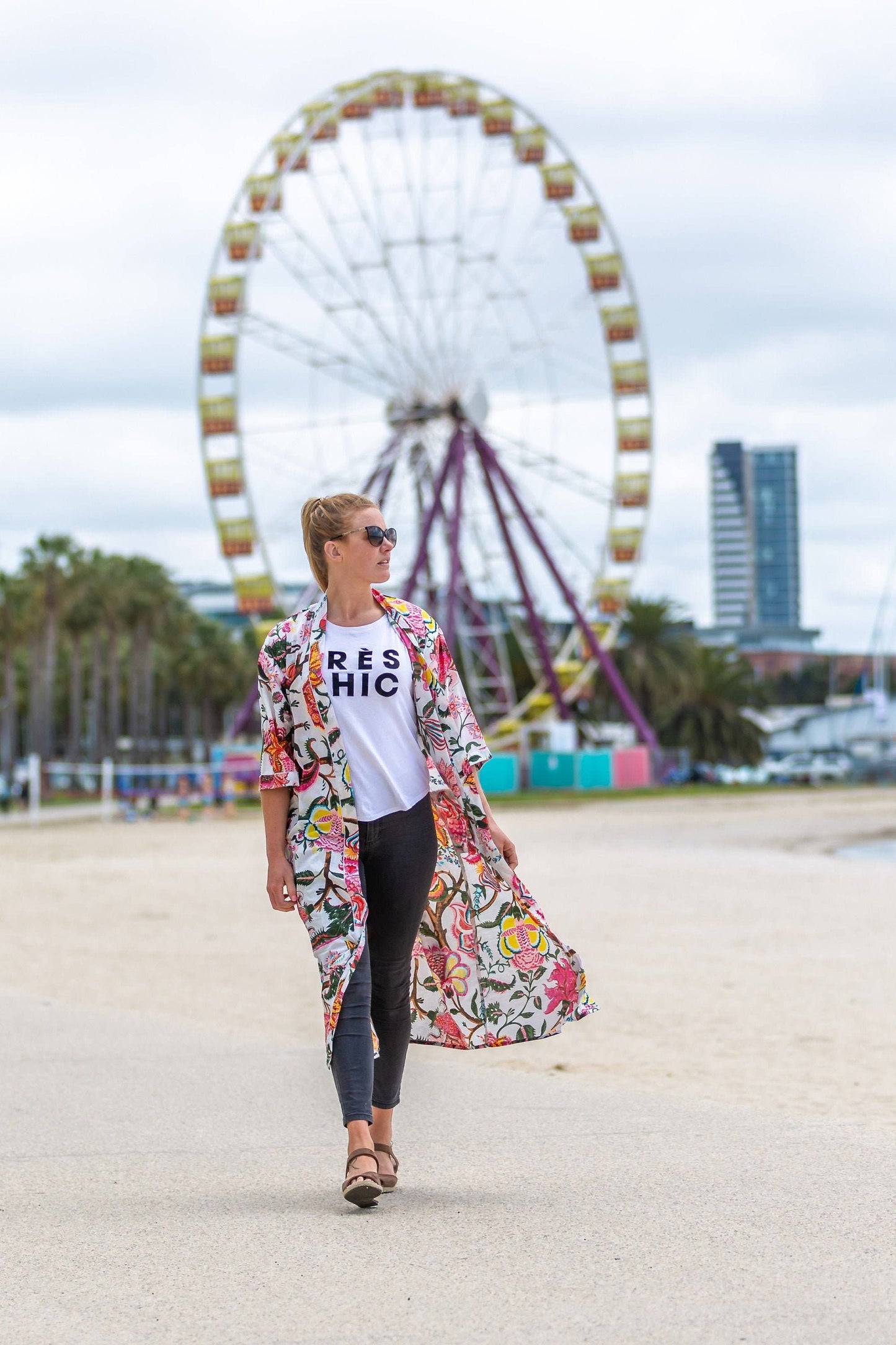 Linen Connections - Cotton Kimono Robe - Cool Floral