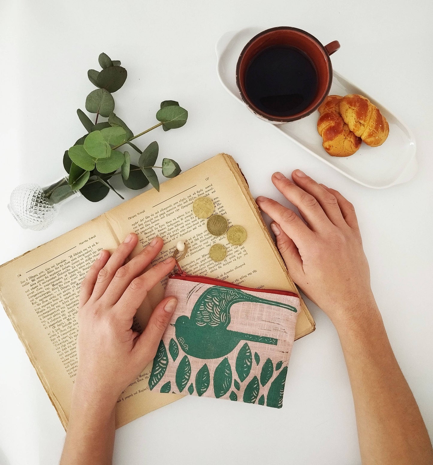 PRE-ORDER AVAILABLE - The Ink Job - Linen Pouch with Zipper - Folk Bird Print